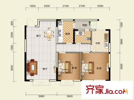 金域都會一期2棟標準層C-4戶型 3室2廳2衛(wèi)1廚