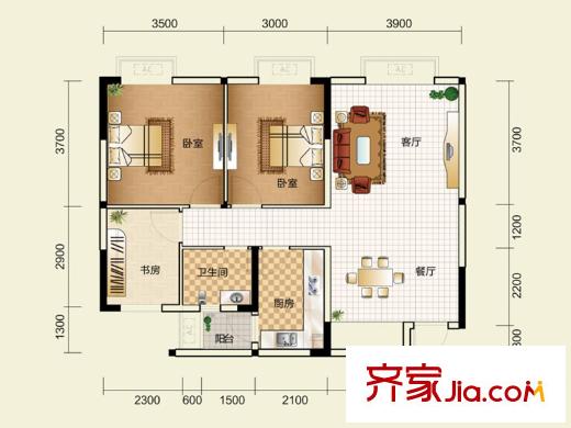 金域都會一期2棟標準層C-1戶型 3室2廳1衛(wèi)1廚