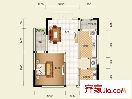 金域都會一期2棟標準層C-2戶型 1室1廳1衛(wèi)1廚