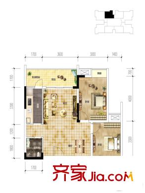 康德中央大街一期標準層B2戶型 2室2廳1衛(wèi)1廚