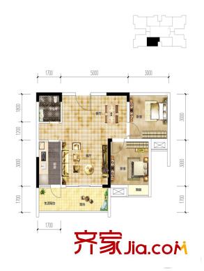 康德中央大街一期標準層B3戶型 2室2廳1衛(wèi)1廚