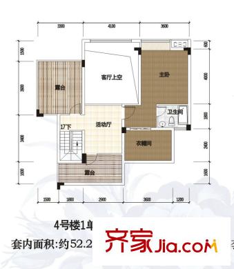 渝水坊二期一期4號樓1單元5層(躍上)2號房戶型 1室1廳1衛(wèi)1廚