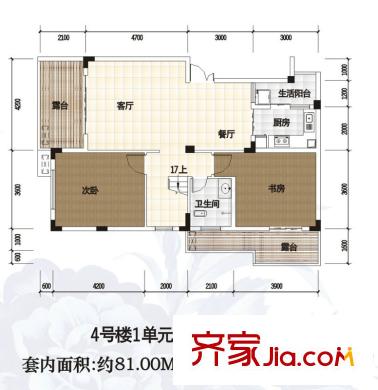渝水坊二期一期4號樓1單元4層(躍下)1號房戶型 1室2廳1衛(wèi)1廚