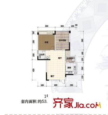 渝水坊二期一期1號樓1單元標(biāo)準(zhǔn)層1號房戶型 1室2廳1衛(wèi)1廚