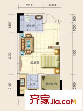 渝水坊二期一期2/3/4號樓標(biāo)準(zhǔn)層F戶型 1室1廳1衛(wèi)1廚