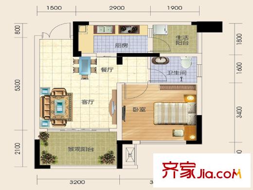 渝水坊二期一期2/3/4號樓標(biāo)準(zhǔn)層E戶型 1室2廳1衛(wèi)1廚