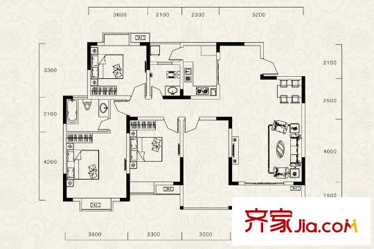 廊橋水岸一期高層1、2、3號樓標(biāo)準(zhǔn)層A戶型 3室2廳2衛(wèi)1廚