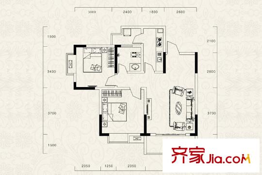 廊橋水岸一期高層3號樓標(biāo)準(zhǔn)層B戶型 2室1廳1衛(wèi)1廚