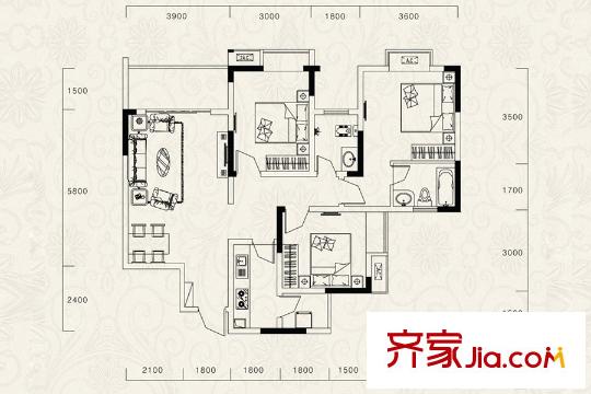 廊橋水岸一期高層1、2號樓標(biāo)準(zhǔn)層B戶型 3室2廳2衛(wèi)1廚