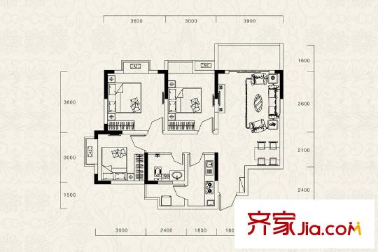 廊橋水岸一期高層3號樓標(biāo)準(zhǔn)層C、D戶型 3室2廳1衛(wèi)1廚
