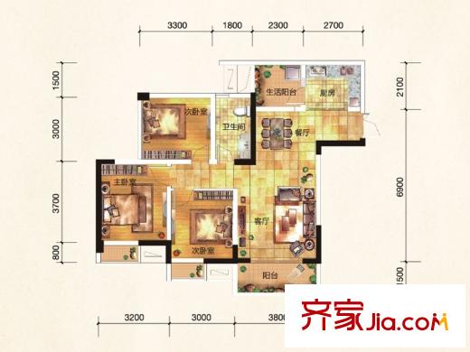 斌鑫江南時代一期1/2/5/6號樓標準層B戶型 3室2廳1衛(wèi)1廚