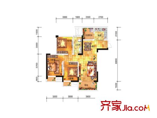 斌鑫江南時代一期4號樓標準層B戶型 3室2廳1衛(wèi)1廚