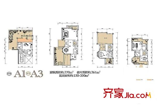 聯(lián)發(fā)瞰青墅1期坡地別墅A1、A3棟躍層01戶型 3室2廳4衛(wèi)1廚