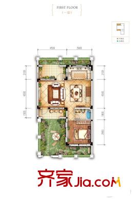 中航小鎮(zhèn)一期湖上聯(lián)院別墅A戶型一層 4室2廳3衛(wèi)1廚
