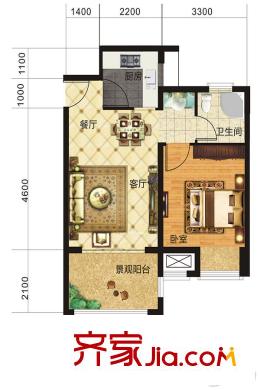 山苑美地一期高層1-3號樓A2/A4戶型 1室2廳1衛(wèi)1廚
