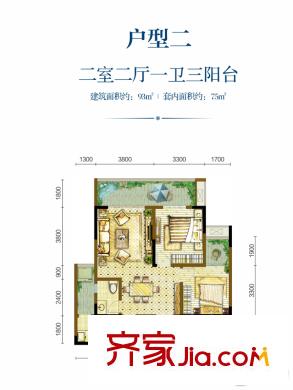 嘉悅江庭二期高層4―11號樓標準層戶型二 2室2廳1衛(wèi)1廚