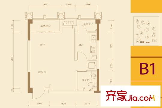天晉一期1/2號樓34平方米標(biāo)準(zhǔn)層BI戶型 1室1廳1衛(wèi)1廚