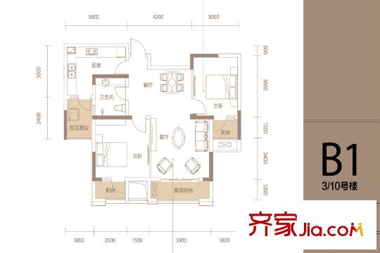 天晉一期3/6/10號樓72平方米標(biāo)準(zhǔn)層BI戶型 2室2廳1衛(wèi)1廚