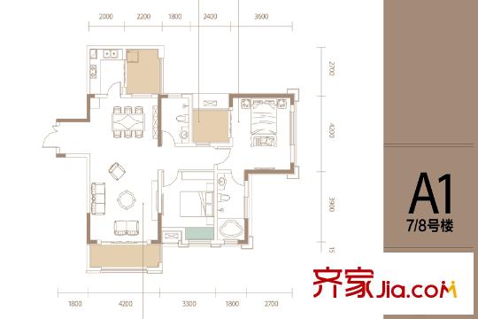 天晉一期7/8號樓72平方米標(biāo)準(zhǔn)層A1戶型 2室2廳2衛(wèi)1廚