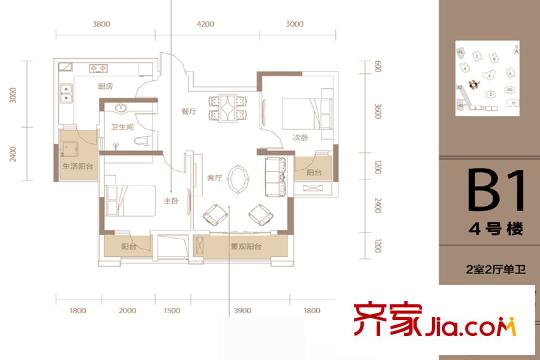 天晉一期4號樓71平方米標(biāo)準(zhǔn)層B1戶型 2室2廳1衛(wèi)1廚