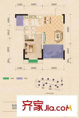 海志觀月山水高層1/12號(hào)樓標(biāo)準(zhǔn)層1-1戶型 1室2廳1衛(wèi)1廚