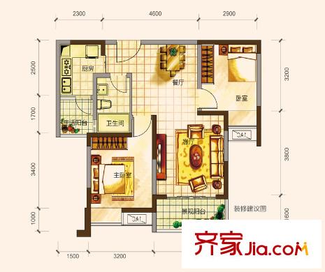 名流印象一期3/6/8/11/12號(hào)樓標(biāo)準(zhǔn)層B3戶型 2室2廳1衛(wèi)1廚