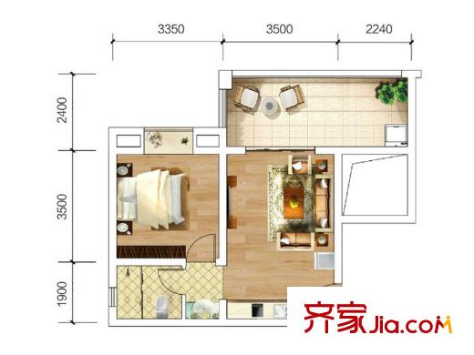 力帆婁山棲谷一期洋房標(biāo)準(zhǔn)層C3戶型 1室1廳1衛(wèi)1廚