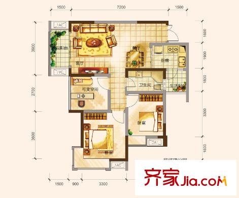 名流印象一期3/4/5/37-39號(hào)樓標(biāo)準(zhǔn)層B2戶型 2室2廳1衛(wèi)1廚