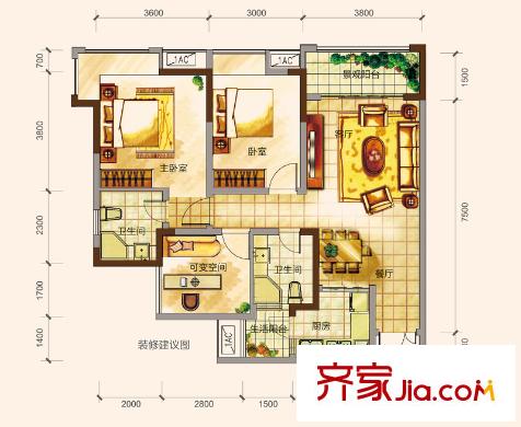 名流印象一期2/3/4/5/7號(hào)樓標(biāo)準(zhǔn)層B1戶型 2室2廳2衛(wèi)1廚