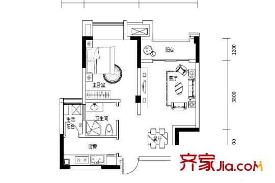 鴻府二期18、19、20號樓標(biāo)準(zhǔn)層45.73平方米戶型 1室2廳1衛(wèi)1廚