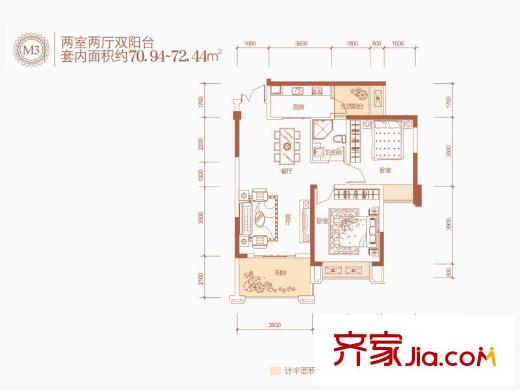 美利山公園城市五期185棟標準層M3戶型 2室2廳2衛(wèi)1廚