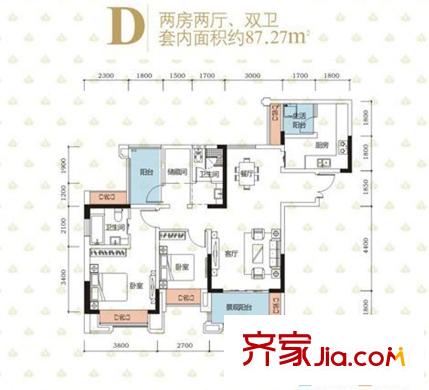 美利山公園城市一期169-172號樓標準層D戶型 2室2廳2衛(wèi)1廚