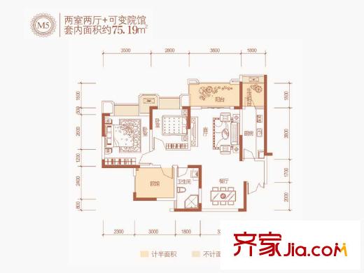 美利山公園城市五期185棟標準層M5戶型 2室2廳1衛(wèi)1廚