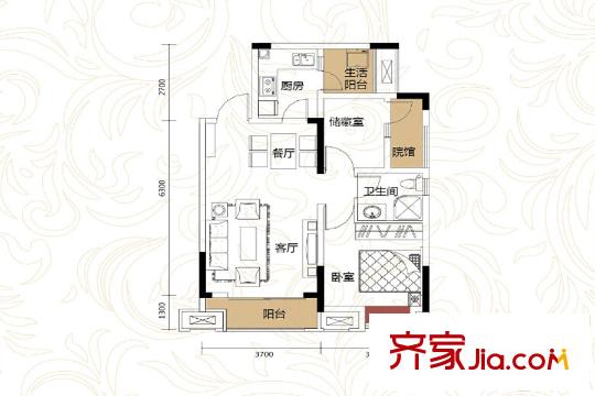 鴻府三期1號樓標(biāo)準(zhǔn)層55.92平方米戶型 1室1廳1衛(wèi)1廚
