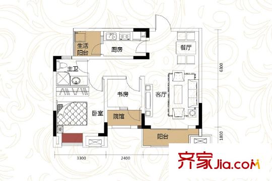 鴻府三期1號樓標(biāo)準(zhǔn)層57.27平方米戶型 1室1廳1衛(wèi)1廚