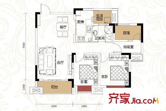 鴻府三期1號樓標(biāo)準(zhǔn)層76.08平方米戶型 2室2廳1衛(wèi)1廚