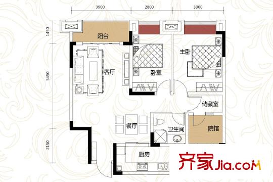 鴻府三期1號樓標(biāo)準(zhǔn)層77.91平方米戶型 2室2廳1衛(wèi)1廚