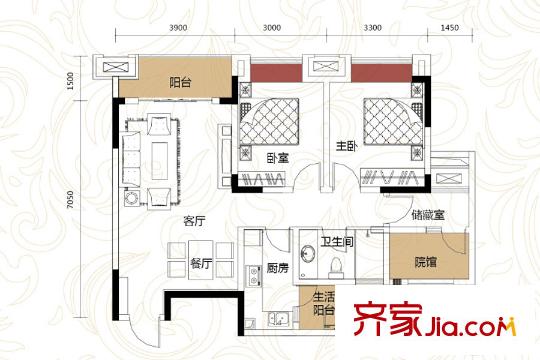 鴻府三期1號樓標(biāo)準(zhǔn)層76.25平方米戶型 2室2廳1衛(wèi)1廚