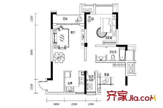 鴻府二期18、19、20號樓標(biāo)準(zhǔn)層62.36平方米戶型 2室2廳1衛(wèi)1廚