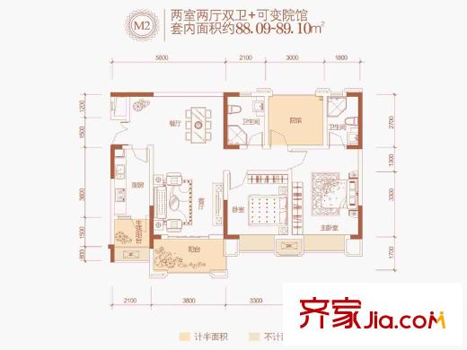 美利山公園城市五期185棟標準層M2戶型 2室2廳2衛(wèi)1廚