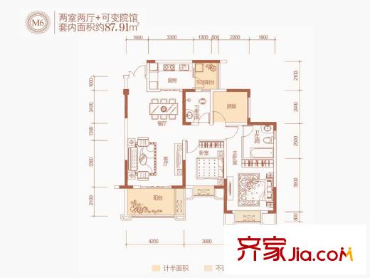 美利山公園城市五期185棟標準層M6戶型 2室2廳2衛(wèi)1廚