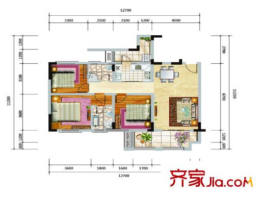 盛唐疊彩山一期1-6號樓標準層A戶型 3室2廳2衛(wèi)1廚