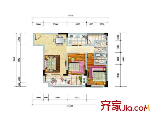 盛唐疊彩山一期1-6號(hào)樓標(biāo)準(zhǔn)層D戶型 2室2廳2衛(wèi)1廚