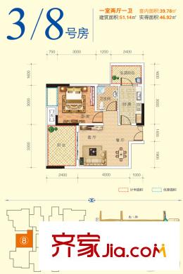 麗都錦上一期1號樓標(biāo)準(zhǔn)層3/8號房戶型 1室2廳1衛(wèi)1廚