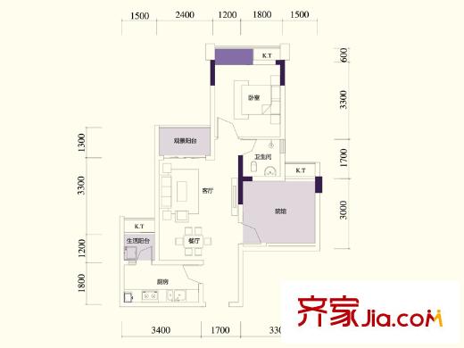 澤京Ta時代一期5、6號樓標(biāo)準(zhǔn)層B2戶型 2室2廳1衛(wèi)1廚