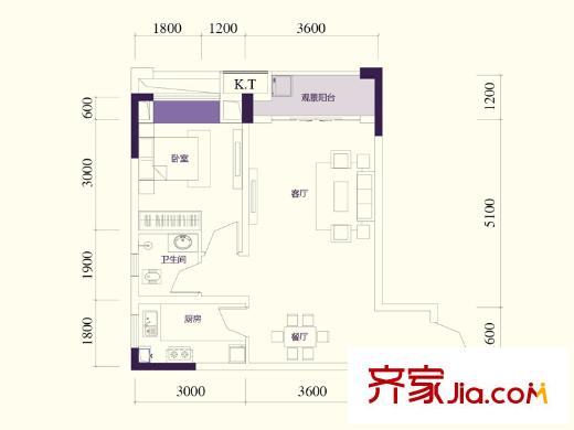 澤京Ta時代一期5、6號樓標(biāo)準(zhǔn)層B5戶型 2室2廳1衛(wèi)1廚