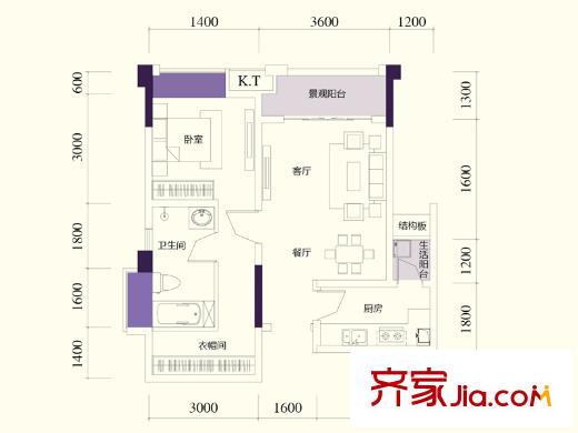 澤京Ta時代一期所有樓棟標(biāo)準(zhǔn)層C1戶型 2室2廳1衛(wèi)1廚