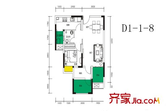 上城中央一期1-9幢標準層D1-1-8戶型 1室1廳1衛(wèi)1廚