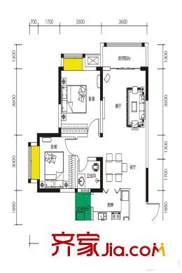 上城中央一期1-9幢標準層D1-3-6戶型 2室2廳1衛(wèi)1廚