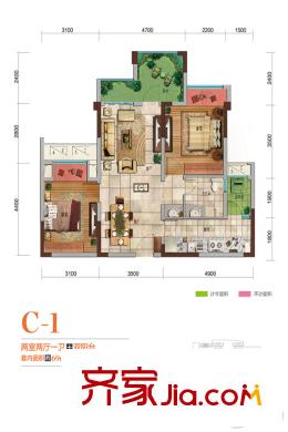 保利觀塘一期6號樓標(biāo)準(zhǔn)層C1戶型圖 2室2廳1衛(wèi)1廚